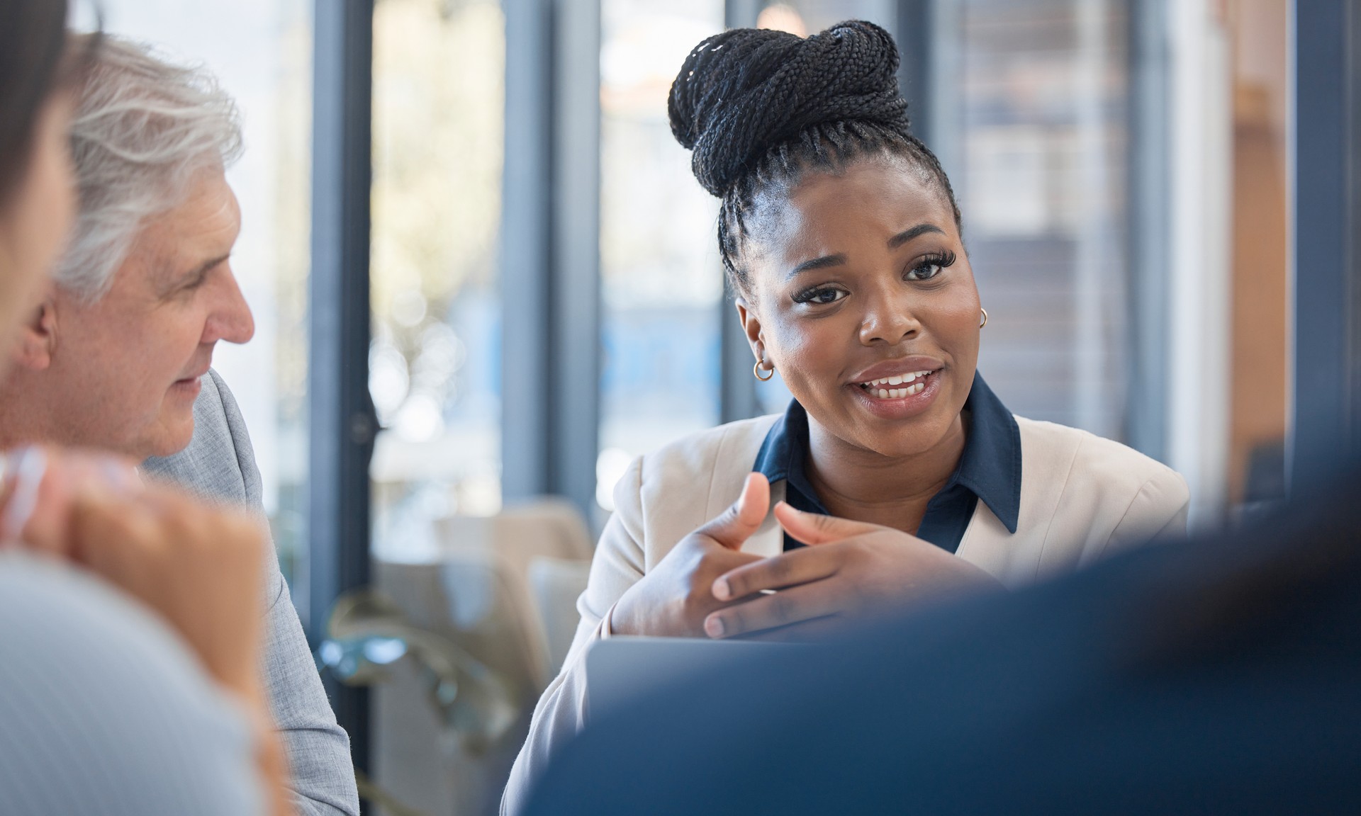 Black woman, leadership and meeting for business idea, planning or strategy at the office. African American female leader in management for conference talk, proposal or discussion at the workplace